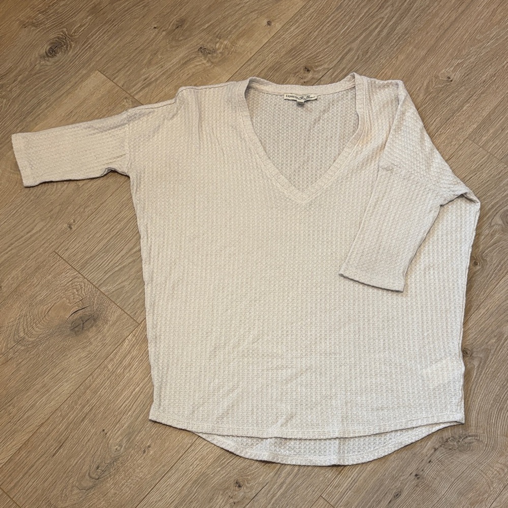 Express Cream Textured Knit V-Neck Top